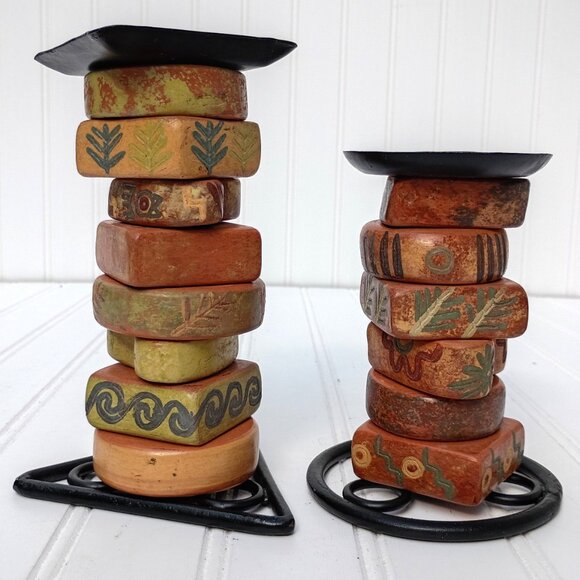 Southwestern Candlesticks Stacked Pottery Pieces Wrought Iron Candle Holder Pair - Picture 12 of 12